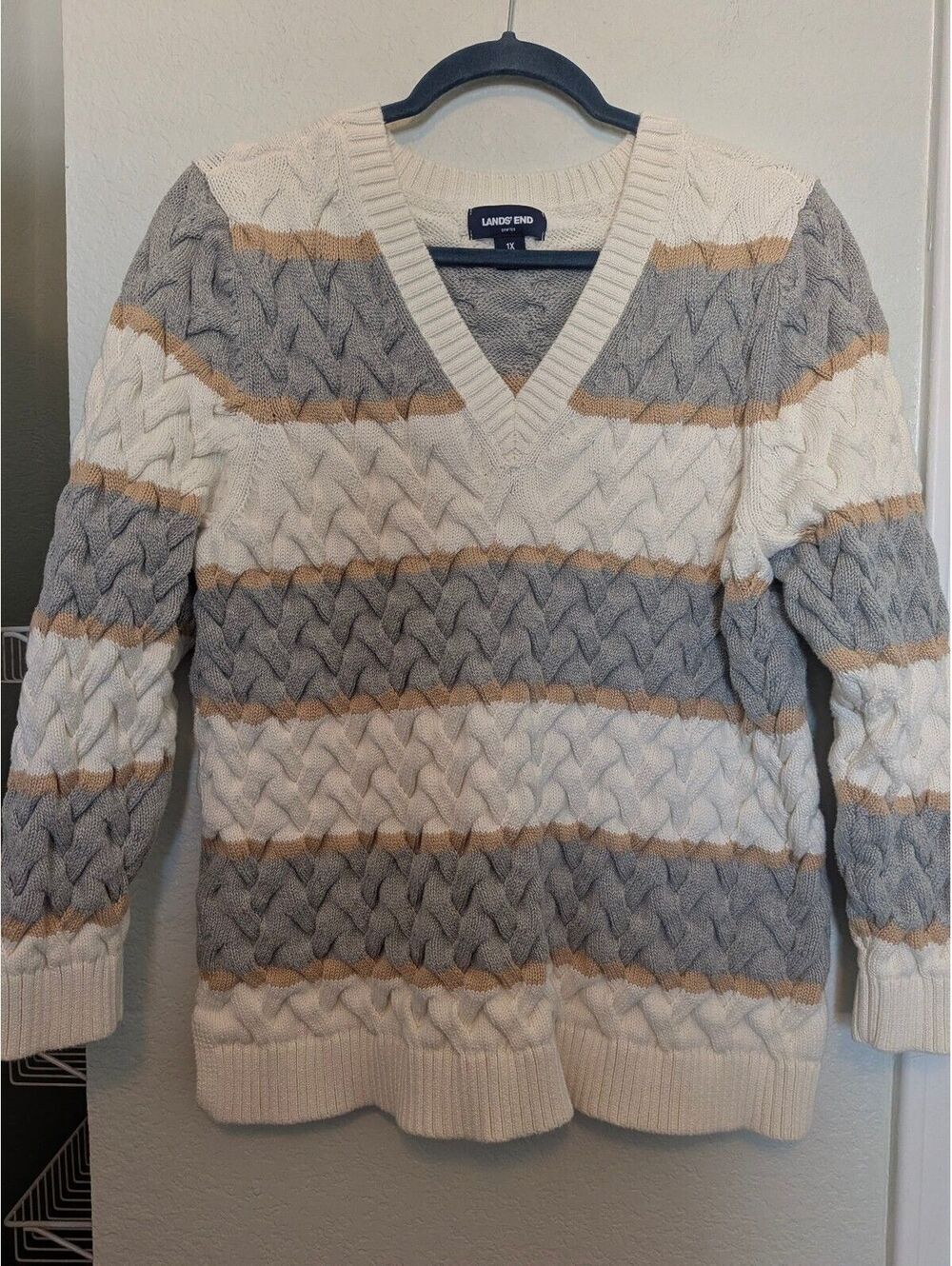 Lands' End Drifter Women's 1X V-Neck Chunky Cable-Knit Sweater in Gray & Tan